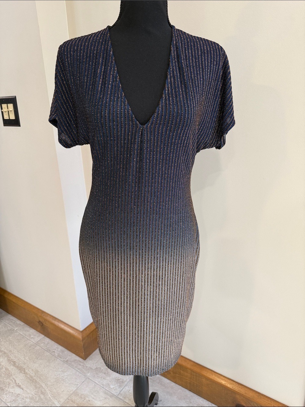 Kimcine Navy and bronze metallic striped silver ombré Dress Size M